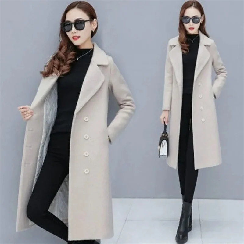 Female Woolen Coat Velvet 2023Women's Double-Breasted Woolen Coat Spring And Autumn Woolen Coat Fashion Suit Collar ThickTrench