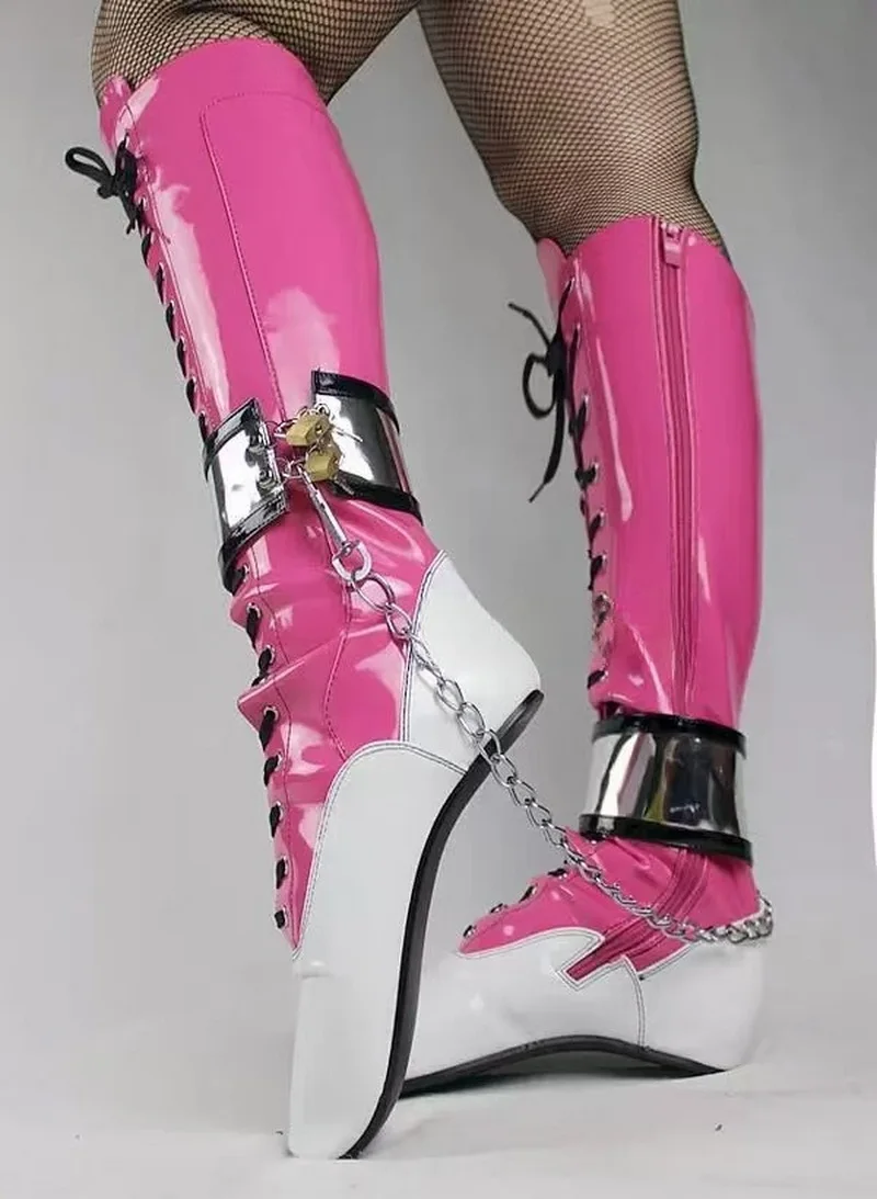 CACA New Custom Queen Ballet Boots,Women's Fetish Booties,Men Cosplay Dance Shoes,Chain Lock SM Botas,18cm,Peach White,