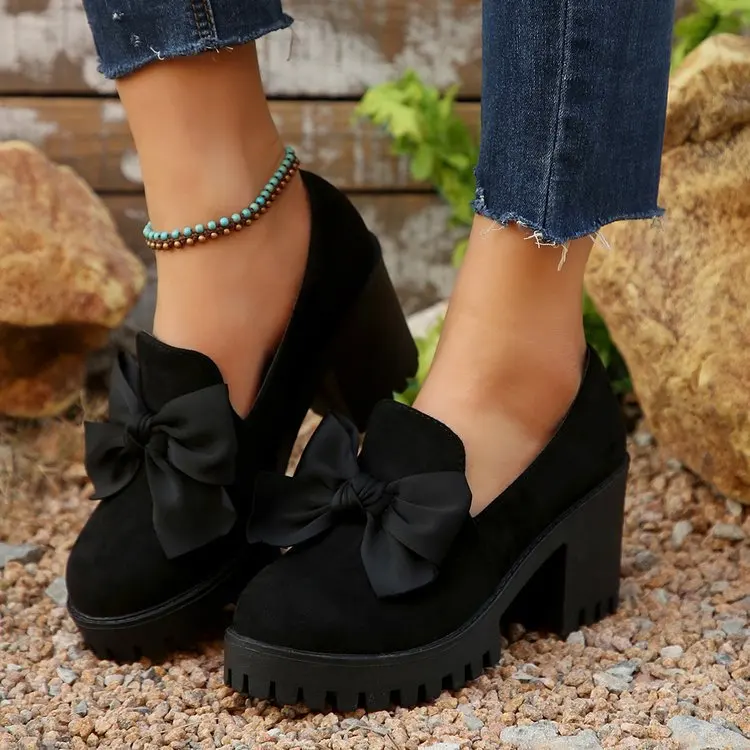 Black Suede Women's Loafers With Bow And Thick High Heel_voghion.com