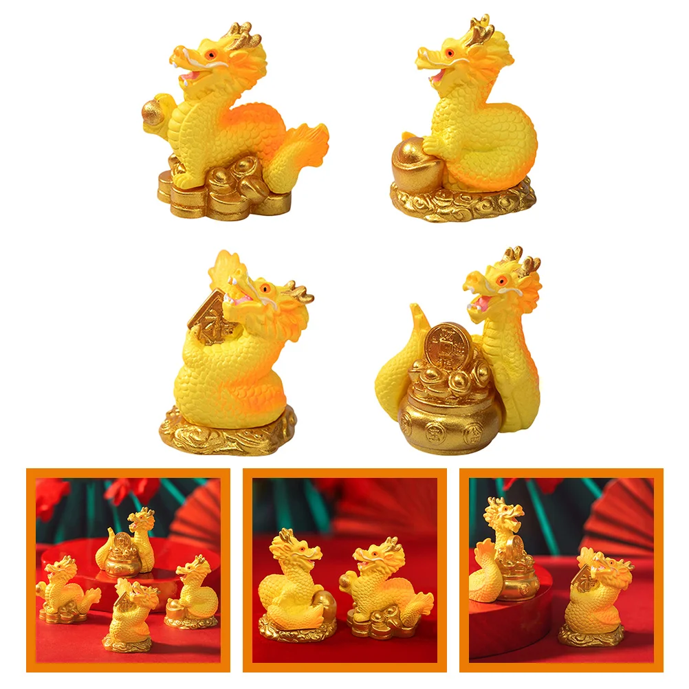 

4 Pcs 2024 New Year Dragon Ornaments Garden Decoration Zodiac Figurine Statue Desktop Cake Easter Resin Centerpieces