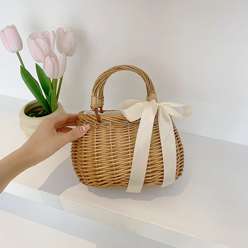 Summer Straw Basket Tote Bags for Women Rattan Woven Wallet Handbags Ladies Beach String Holiday Bucket Hand Bag