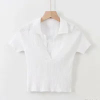 Short Sleeve Collared Crop Top for Women Turn-down Collared Fitted Rib-Knit Tee Shirt Summer Teengirl Y2K Outfit - Image 4