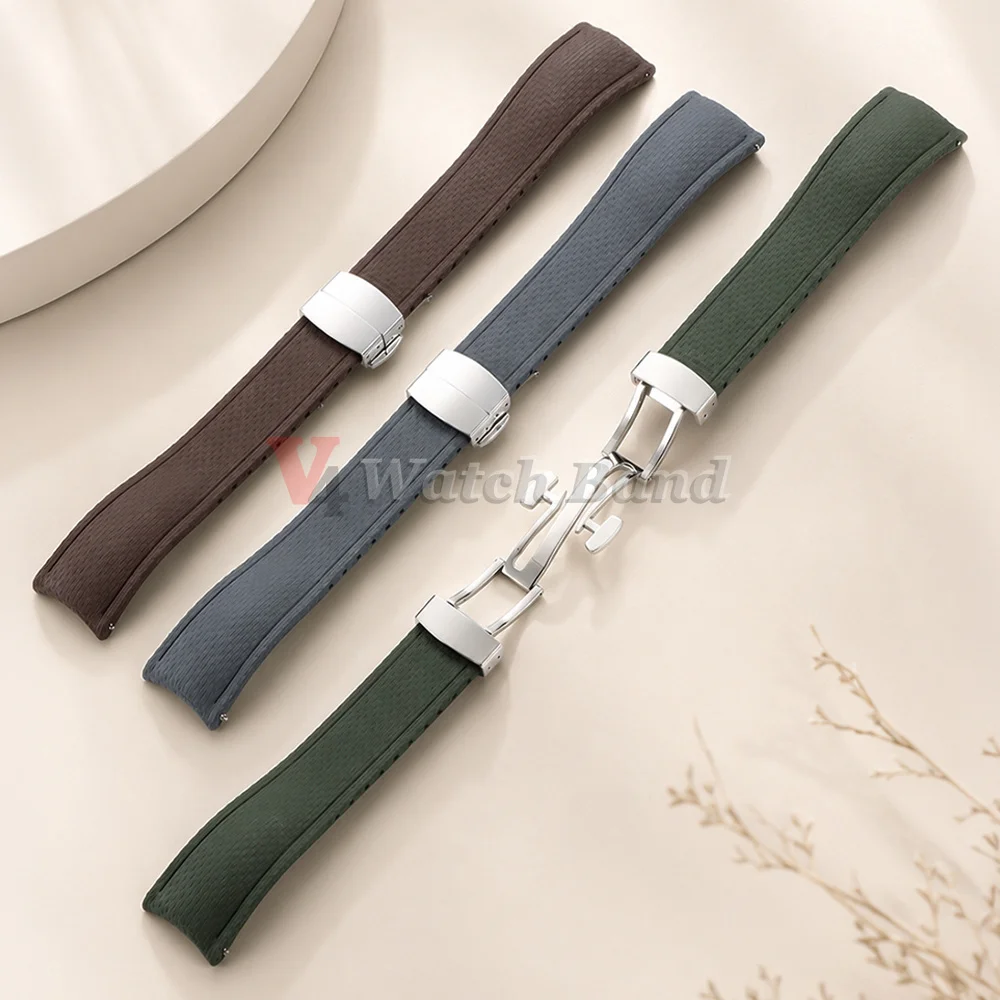 Elegant FKM Rubber Watch Strap with Curved Ends and Quick Release in Multiple Sizes (18-24mm)