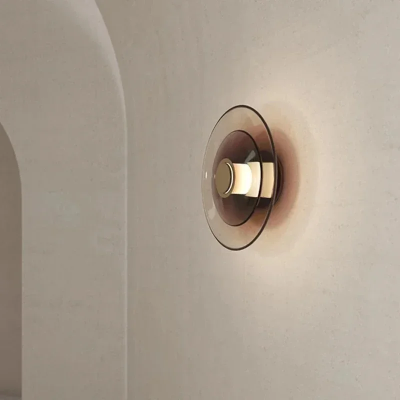 Glass Wall Lamp glass wall lamp Modern Minimalist Amber Glass Disc Wall Lamp Led Bedroom Living Room Golden Black Indoor Home Decoration Sconce Lighting Fixture