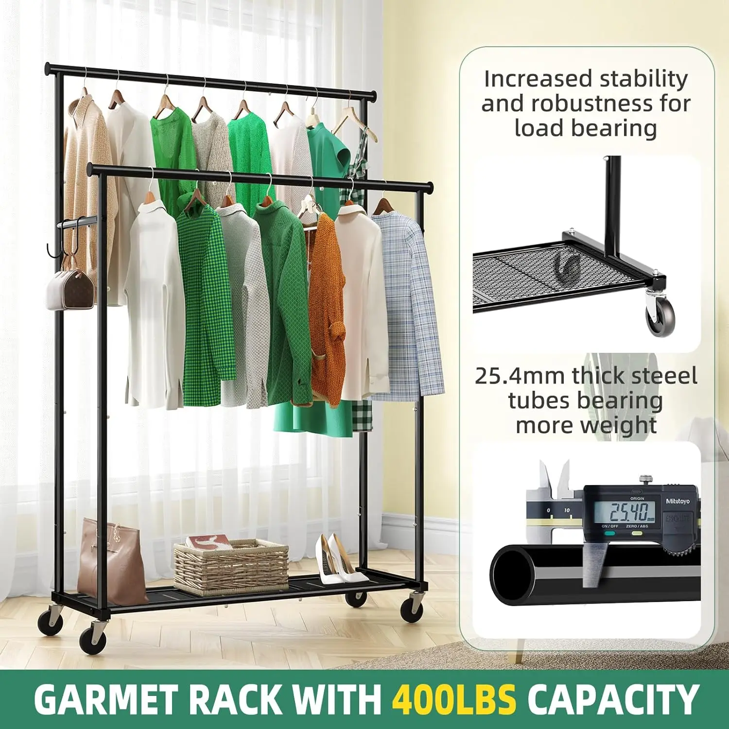 Double Rod Clothing Garment Rack on Wheels, 45 Inches Clothes Rack with Mesh Bottom Shelf for Hanging Clothe 4