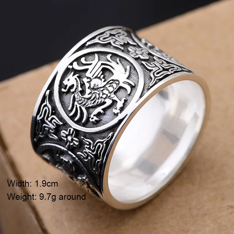 999 Sterling Silver Vintage Men Rings 4 Creatures Dragon