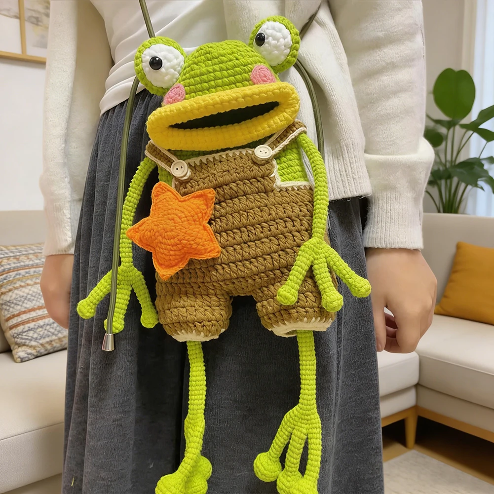 큰 입 개구리 손으로 짠 DIY 재료 가방, 휴대폰 보관 가방 DIY 재료, 크로 셰 뜨개질 휴대폰 가방 (완제품 아님)