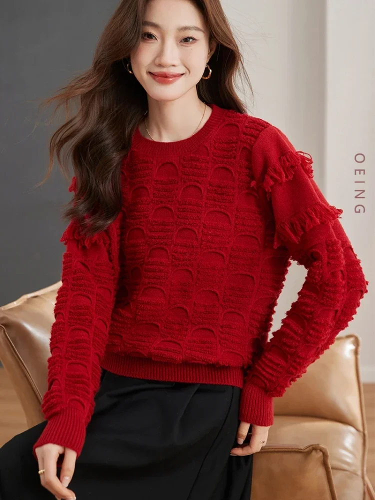 

Checkered Tassel Loose Red Sweater Women Autumn Winter Elegant Chic Long Sleeve O-neck Knitted Pullovers Tops Knitwear C2860