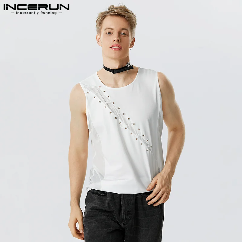 

INCERUN Tops 2023 Handsome Men's See-through Mesh Knitted Patchwork Waistcoat Casual Well Fitting Male Solid Strap Vests S-5XL