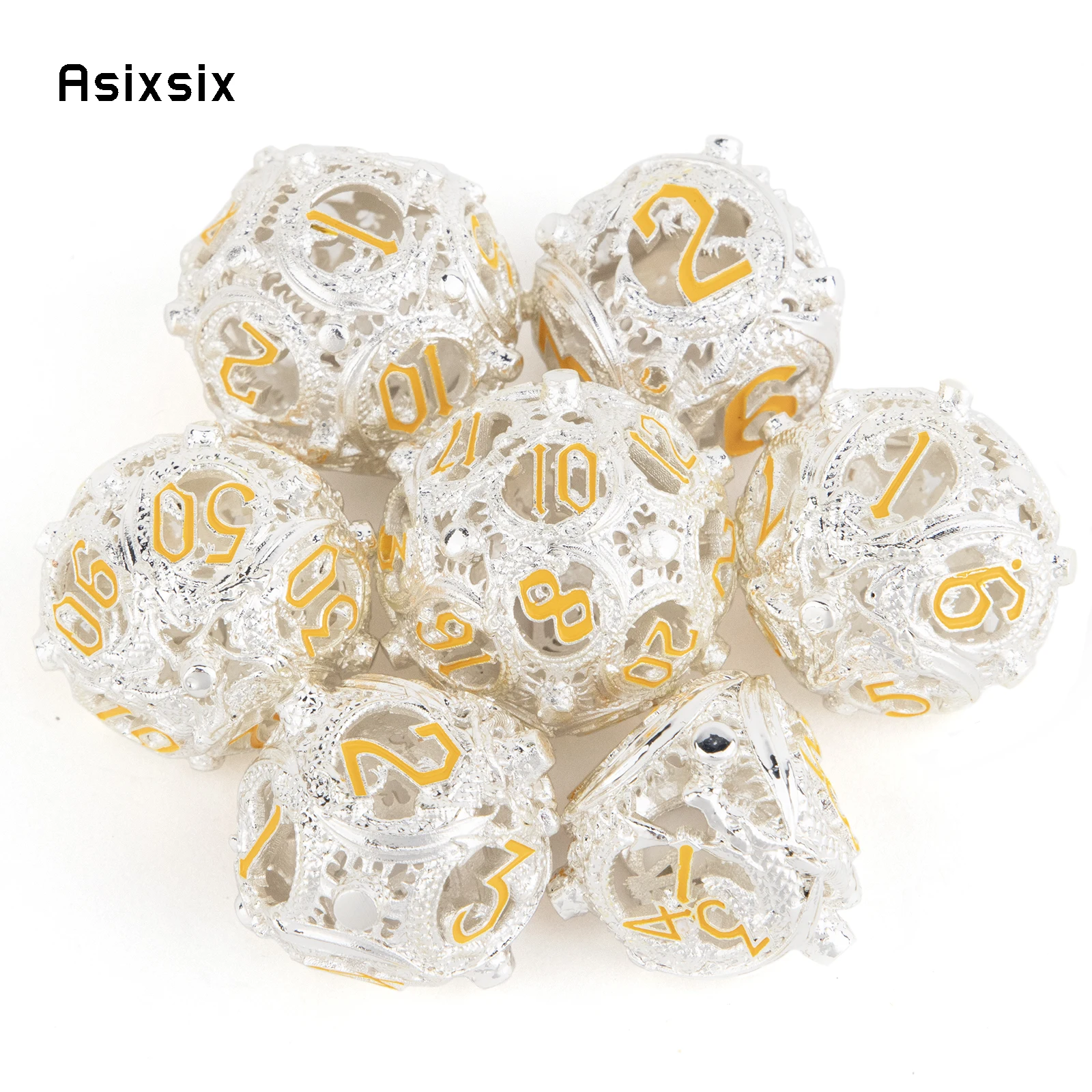 

7 Pcs White Yellow Circular Dragon Metal Dice Hollow Metal Polyhedral Dice Set Suitable for Role-Playing RPG Game Card Game