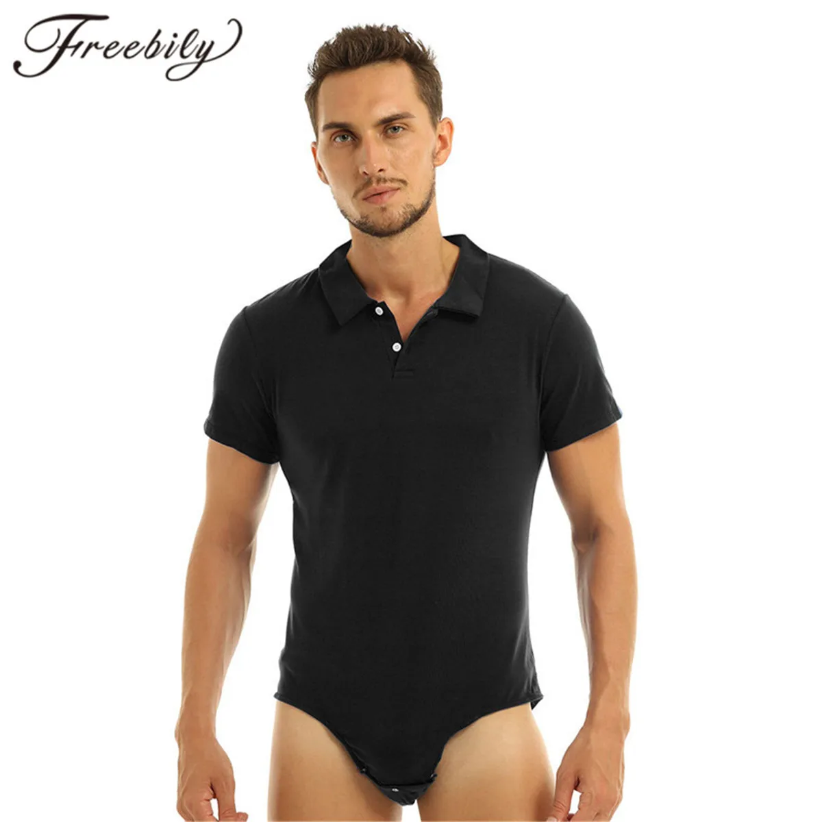 

Mens Adult One-piece Swimwear Lingerie Short Sleeve Turn-down Collar Press Button Crotch Bodysuit Hommes One Piece Jumpsuit