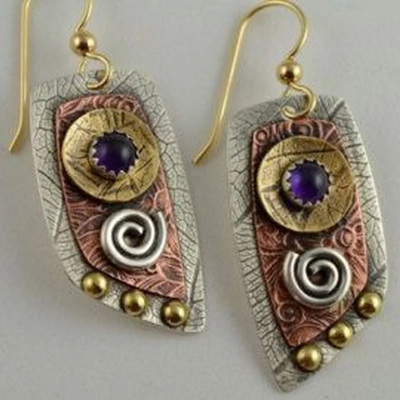 

Vintage Fashion Two Tone Spiral Leaf Printing Carving Hook Dangle Earrings for Women Geometric Mosaic of Purple Stones Earring
