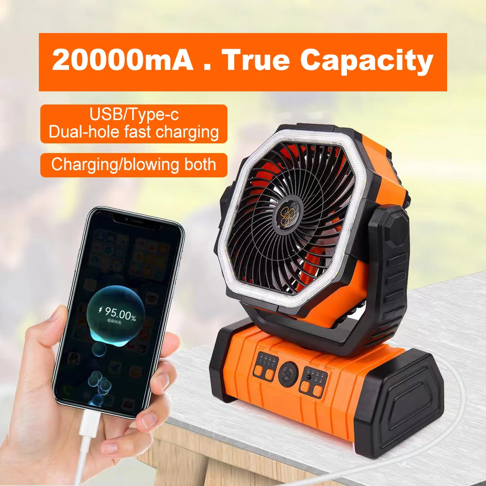 

20000mAh Battery Operated Fan Portable Rechargeable Desk/Camping Fan with LED Light and Hook Outdoor Fan for Tent Car Trip