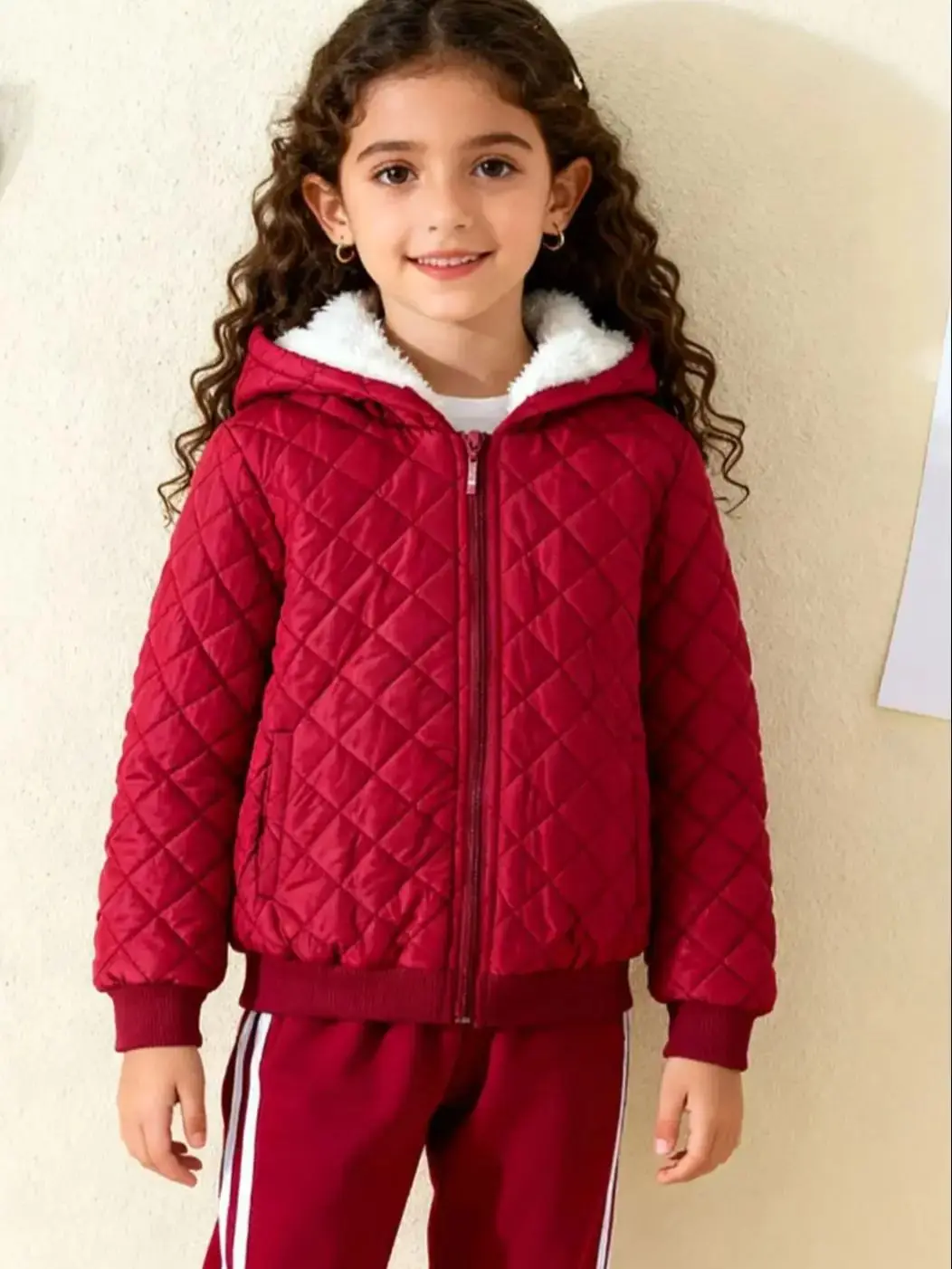 سترة بغطاء للرأس من فراء الضأن للفتيات للخريف والشتاء معطف خياطة بنمط الماس الدافئ للأطفال