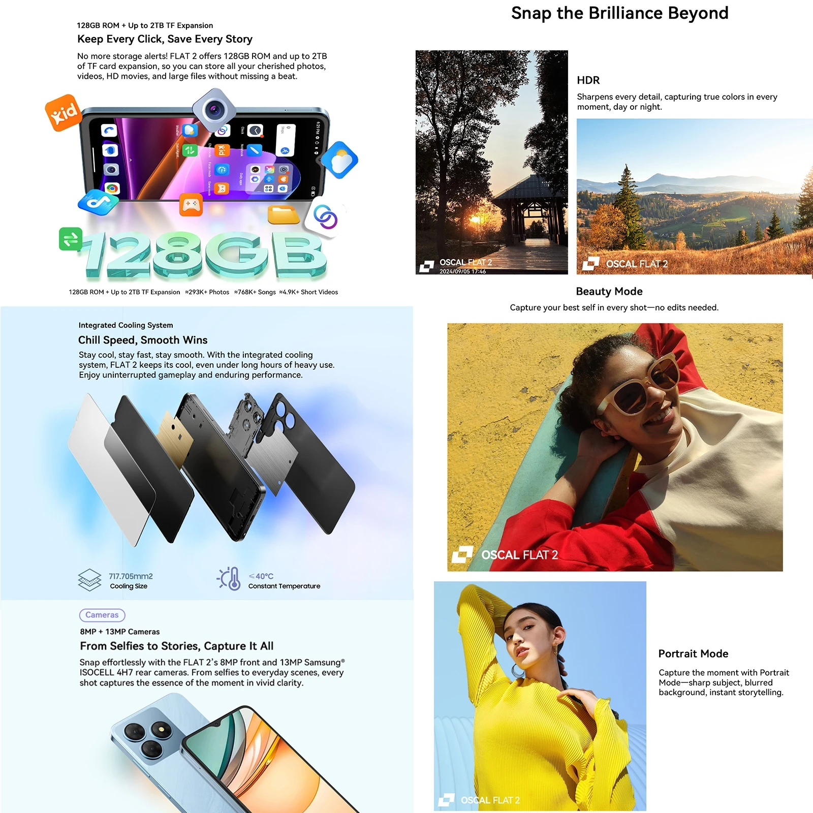 Blackview Oscal FLAT 2 Smartphone 4GB+128GB/256GB 6.6'' Android 14 Unisoc T606 5000mAh Battery 13MP+8MP Camera 4G Mobile Phone