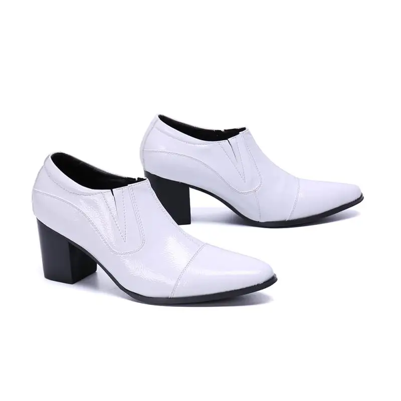 Men's pointed high heels 8cm tall, black and white soft cowhide handmade casual British shoes