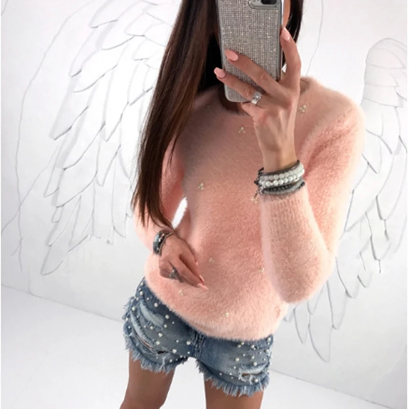

Bigsweety Women Plush Beading Sweater Autumn Winter 2022 Fashion Rabbit Fur O-Neck Long Sleeve Pullovers Pull Femme Hiver