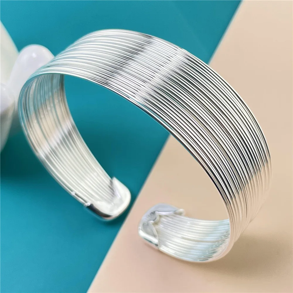 Silver Plating Open Bangle Adjustable Size Cuff Bracelet Made Of Many Silvery Color Threads Artistic Design For Women'S Jewelry 2