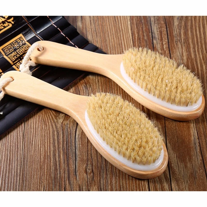 New Body Brush Natural Boar Bristle Organic Dry Skin Body Brush Massager Bamboo Wet Back Shower Brush Exfoliating Bathing Brush 4