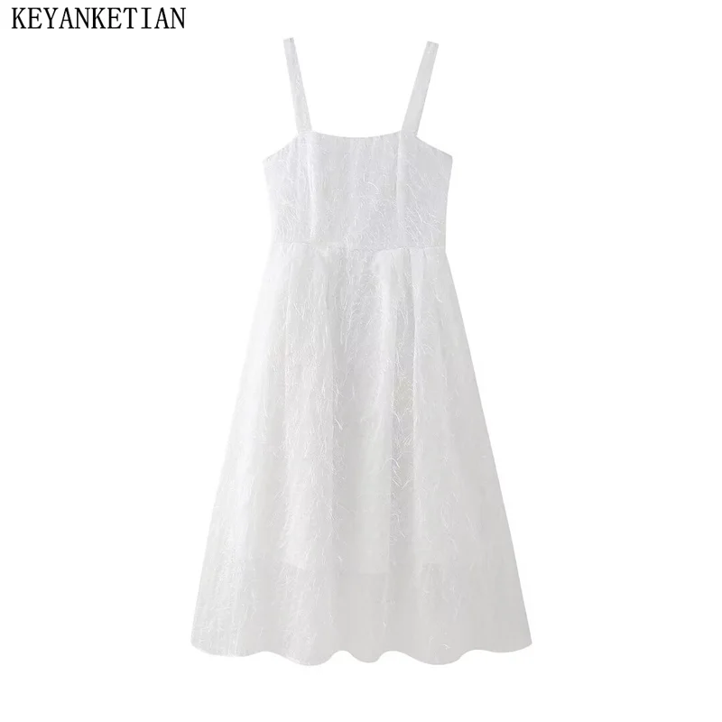 

KEYANKETIAN 2024 New Launch Women's Fringe Decoration Sling Dresses Spring Holiday wind Slim Sleeveless A Line Ankle MIDI Dress