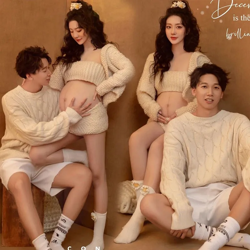 여성 사진 소품 뜨개질 스웨터 탑 가디건 반바지 양말 임신 옷 커플 가족 출산 사진 소품 정장