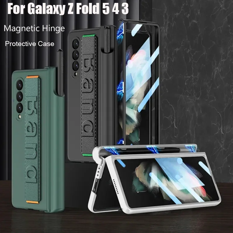 Magnetic Hinge Pen Holder Case For Samsung Galaxy Z Fold 5 With Wrist Strap Front Glass Hard Cover For Galaxy Z Fold 5 4 3 Case