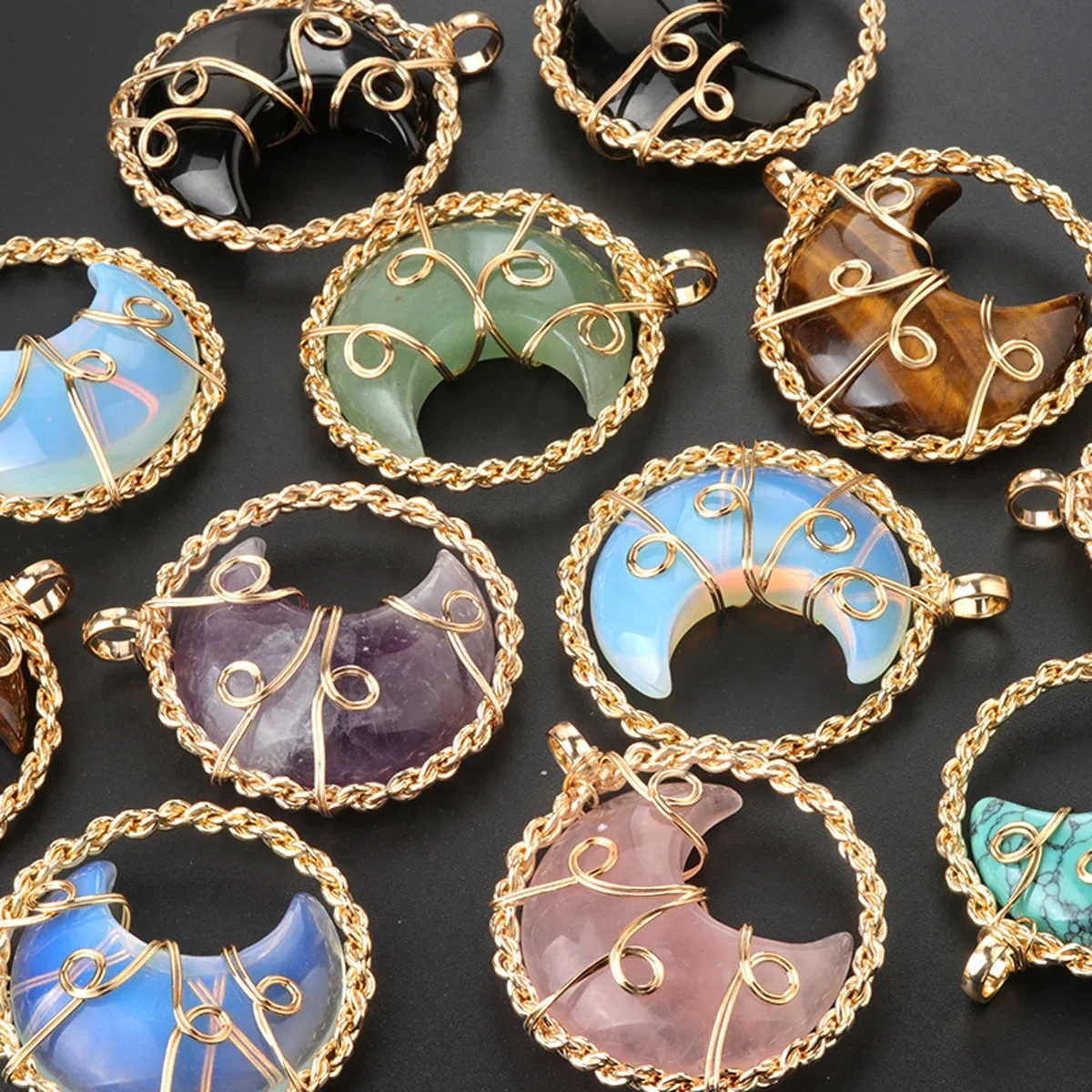 5PCS Natural Stone Moon Pendant Reiki Healing Crystal Agate Necklace Exquisite Jewelry Accessories Reiki Necklace for Women