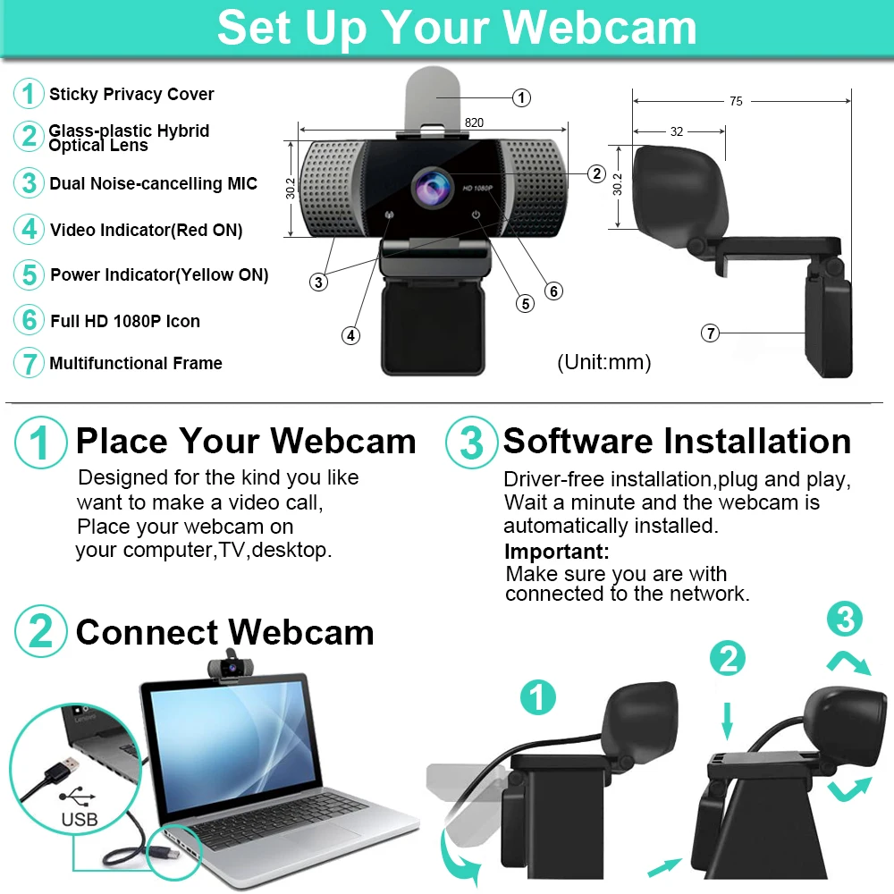 Webcam 1080p HD Computer Camera - Microphone Laptop USB PC Webcam with  Privacy Shutter and Tripod Stand, 110 Degree Live Streaming Widescreen