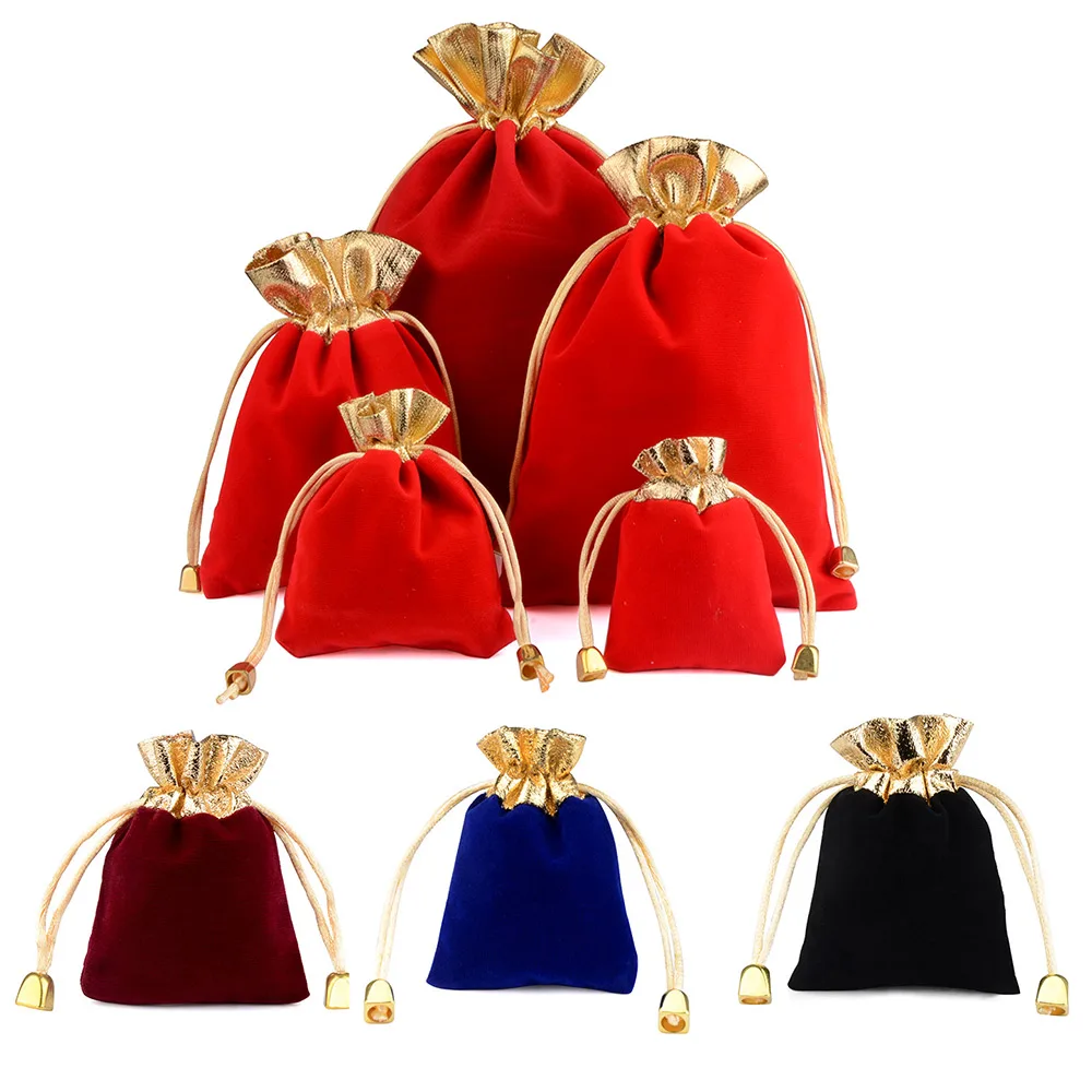 25pcs/Lot Golden Color Edge Drawstring Gift Velvet Bags 7X9 9X12