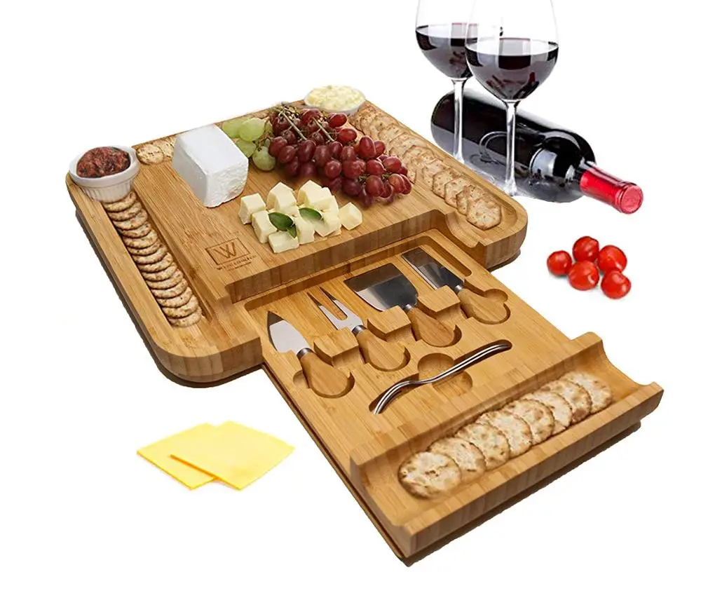 

Bamboo Cheese Board/Charcuterie Platter - Includes 3 Ceramic Bowls with Bamboo Spoons