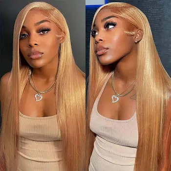 27 Honey Blonde Straight Human Hair Wigs Colored 13X6 Hd Lace Frontal Wig Brazilian Wigs Original 30 Inch Preplucked Prebleached 1