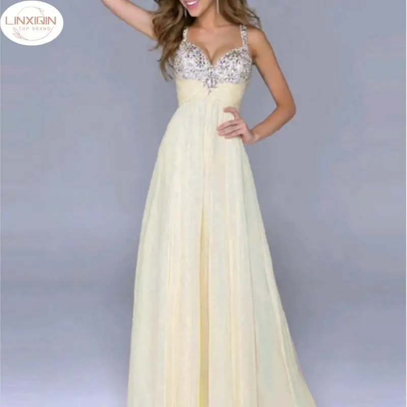 

Summer Party Spaghetti Dress Wedding Amazing Sexy Sequin Floor Length Sleeveless Dresses Open-back Chiffon Vestidos De Fiesta