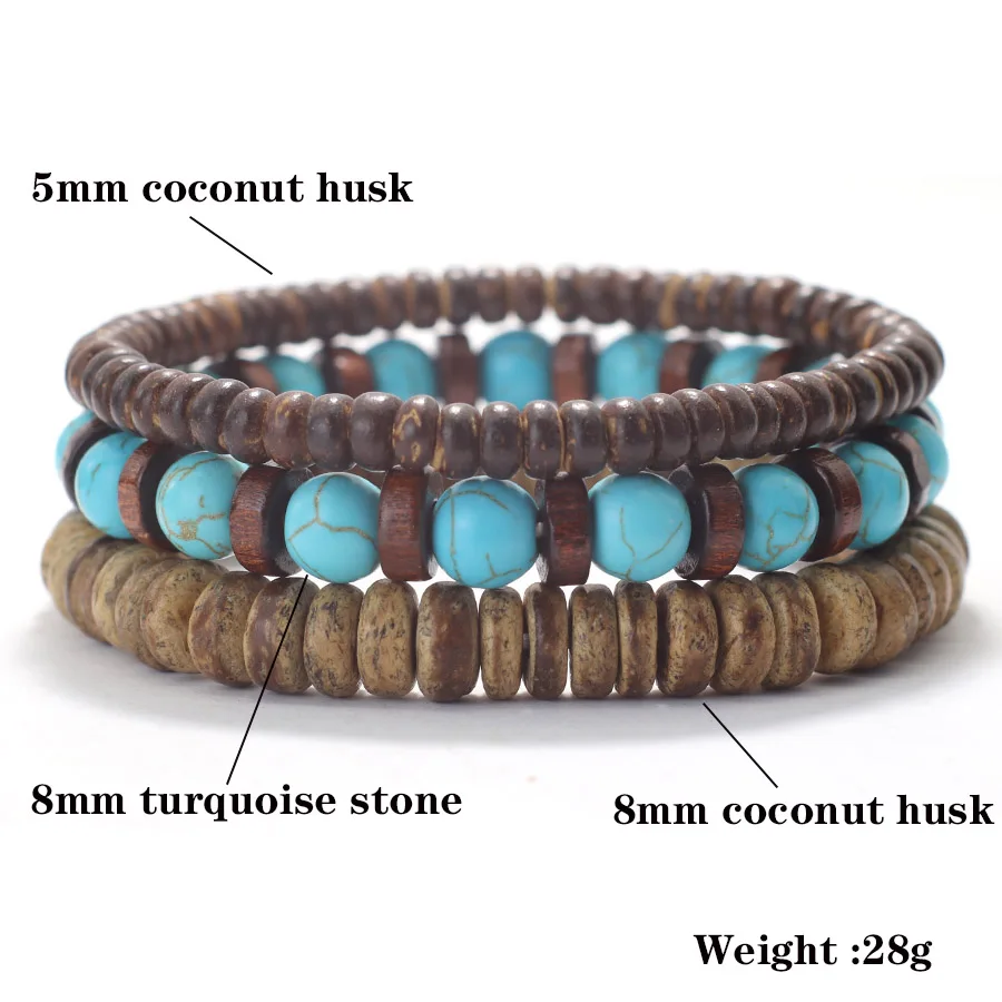 Men Coconut Husk Beads Bracelet Set with Howlite Lava Tiger Eyes Stone