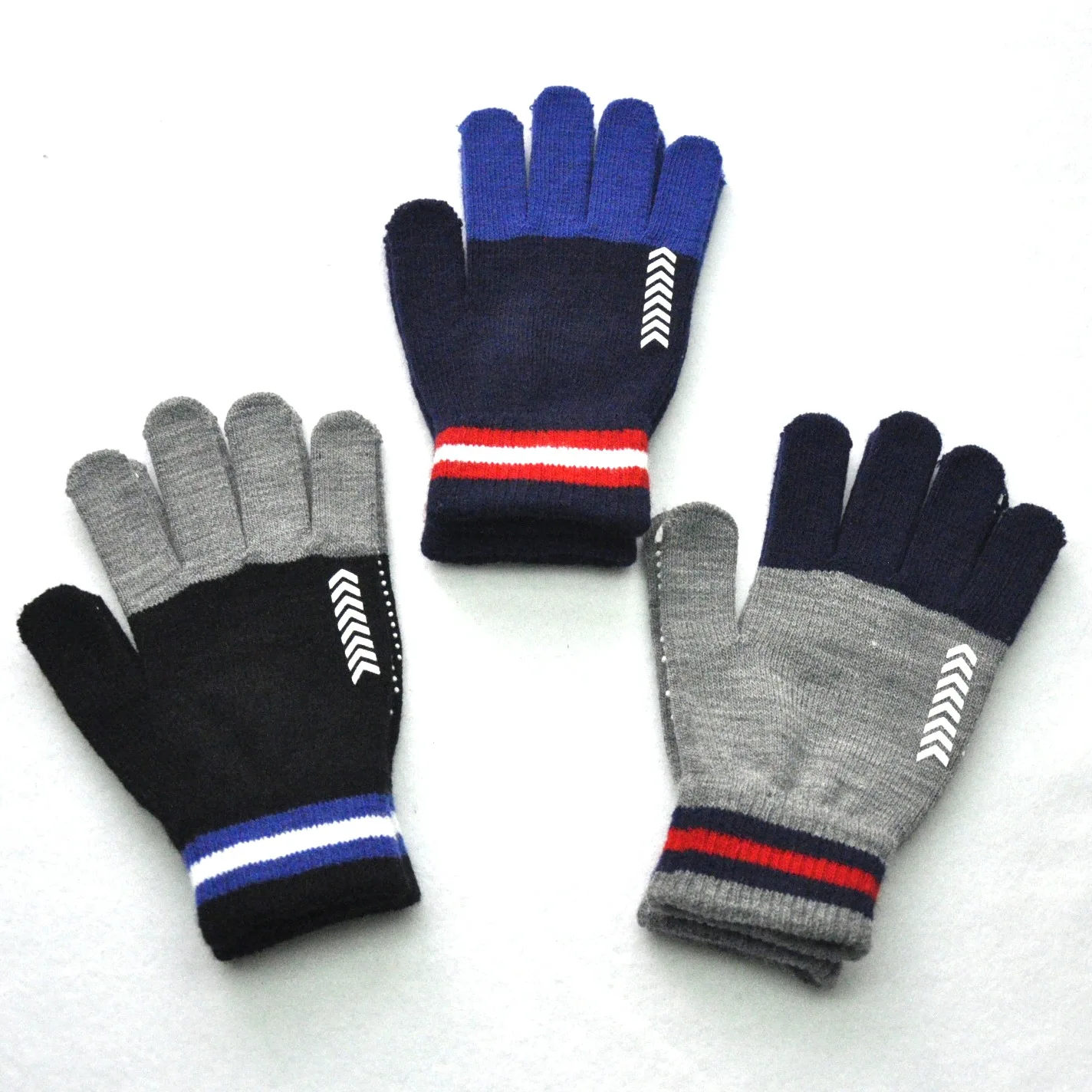 Men's and women's winter cycling spot grain non slip warm knitted gloves high elastic five finger color matching gloves