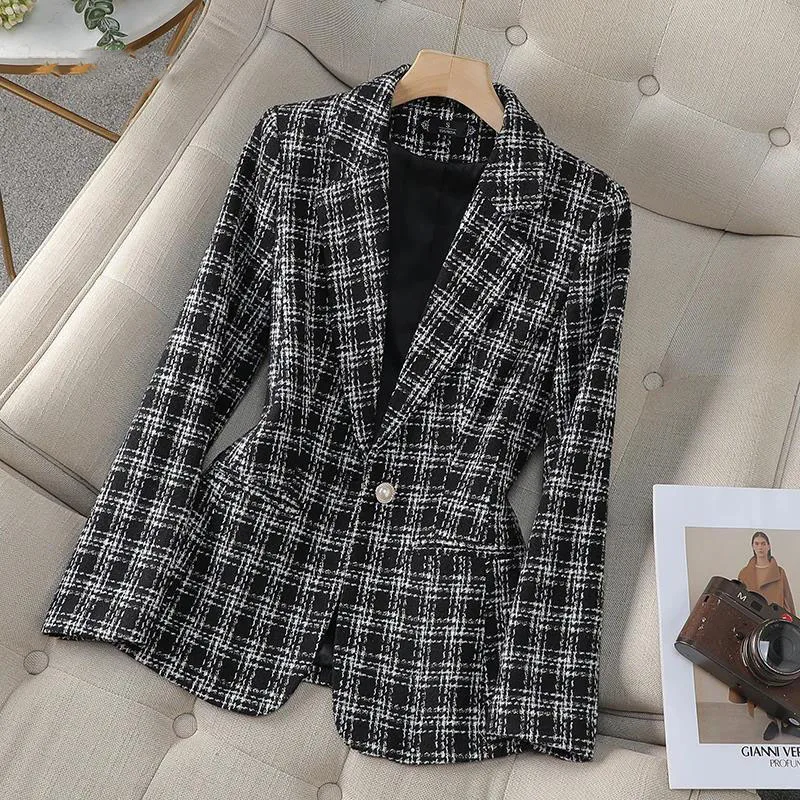 Woolen Plaid Small Suit Jacket for Women in Spring and Autumn
