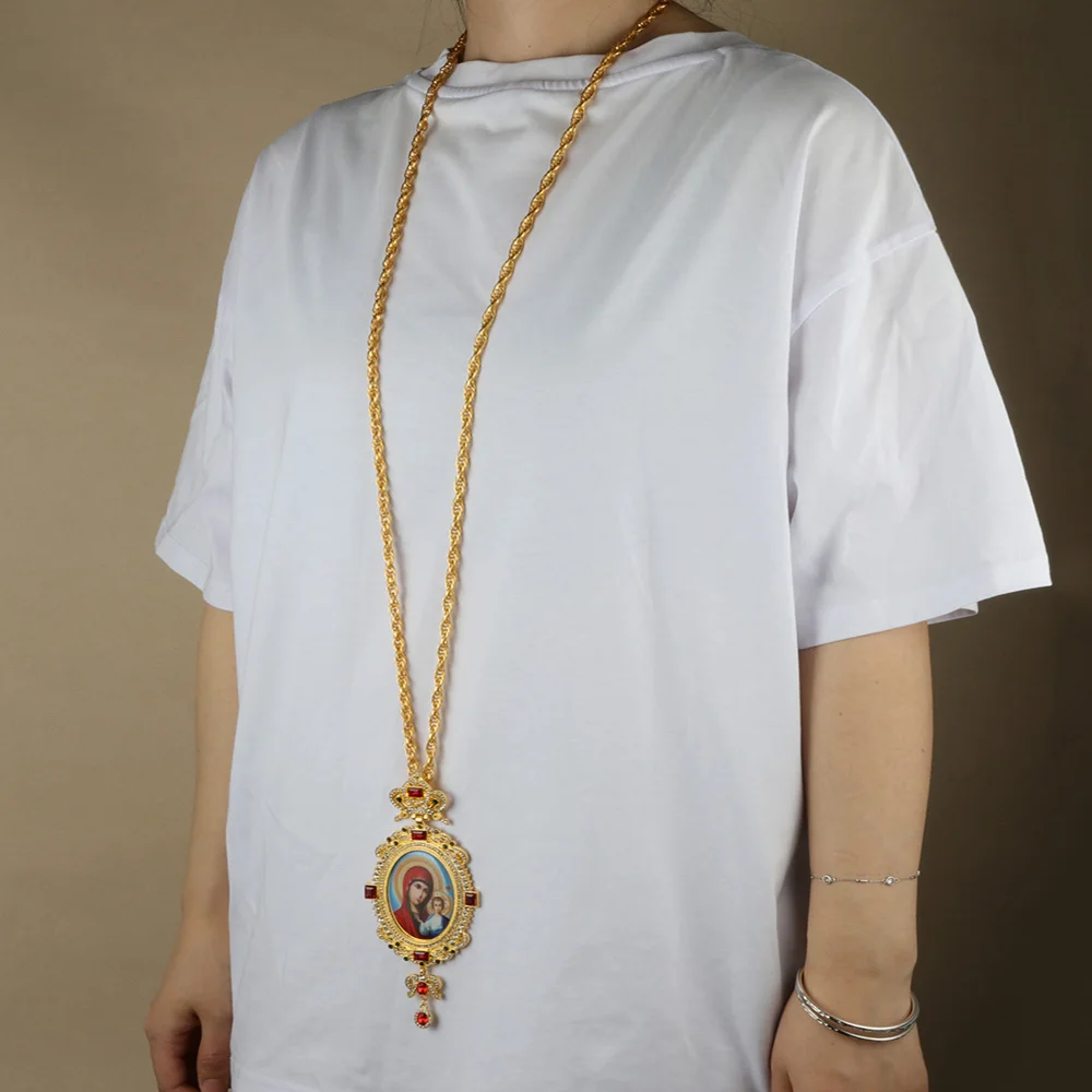 Diyalo Mode Elliptischer Brustanhänger Halskette mit Roten Strasssteinen 120cm Kette Christliche Kirchenbedarf – Detail 3