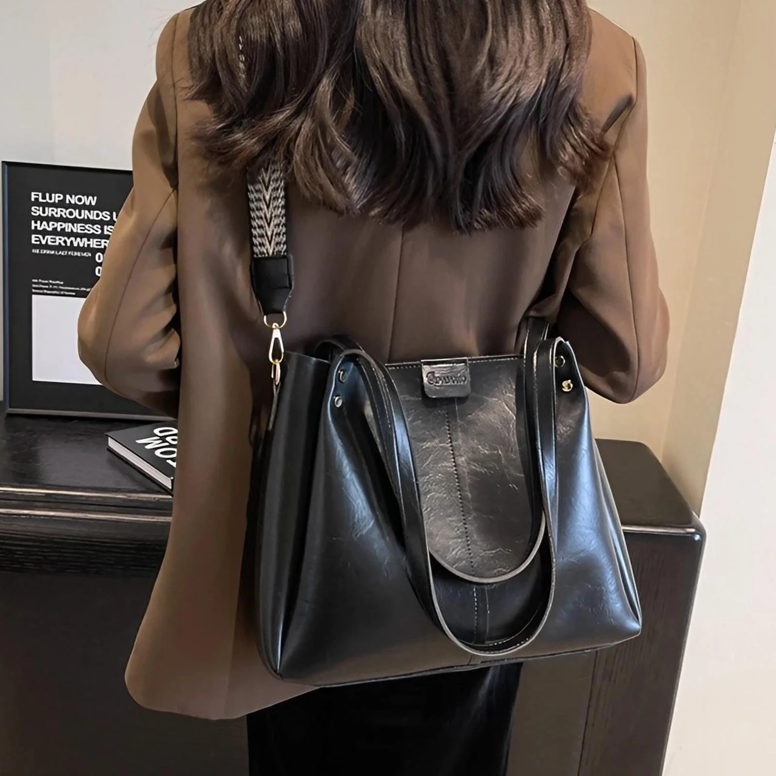 Large capacity PU leather shoulder bag with multi compartments, lightweight, waterproof, and stylish for everyday use. 12456