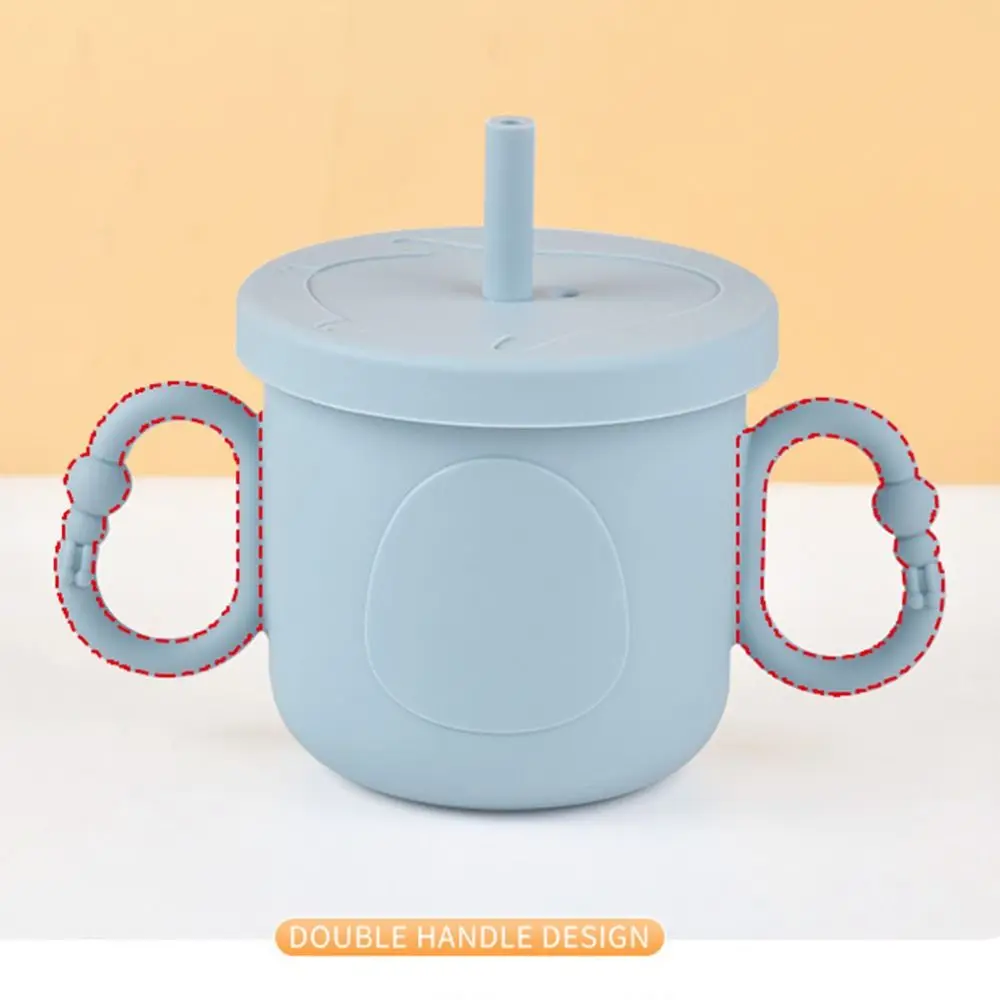실리콘 베이비 트레이닝 컵 휴대용 200ml 용 뚜껑 달린 컵 이중 손잡이 용 빨대 물병 액체 수유용