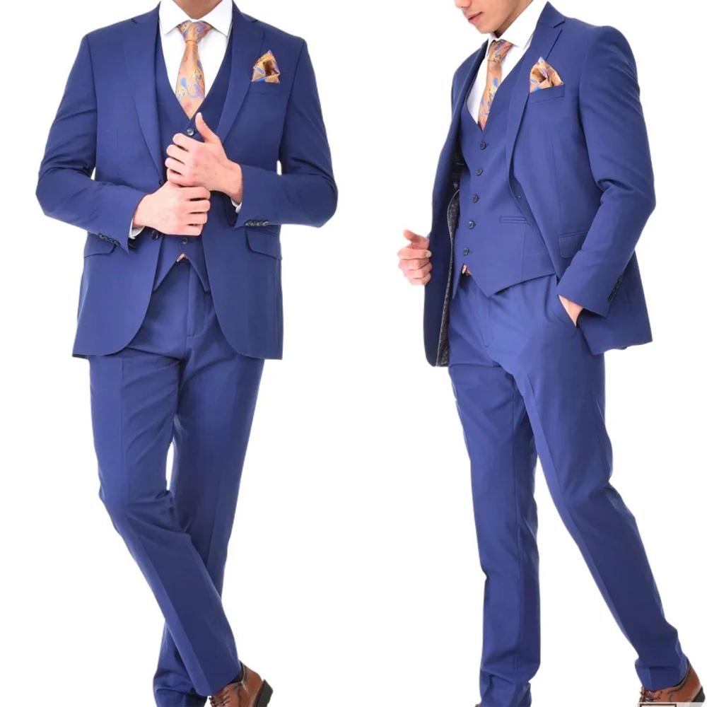 

Blue Men Suits With Single Breasted Three Pieces Jacket Vest Pants Custom Made Bridegroom Wedding Formal Occasiom