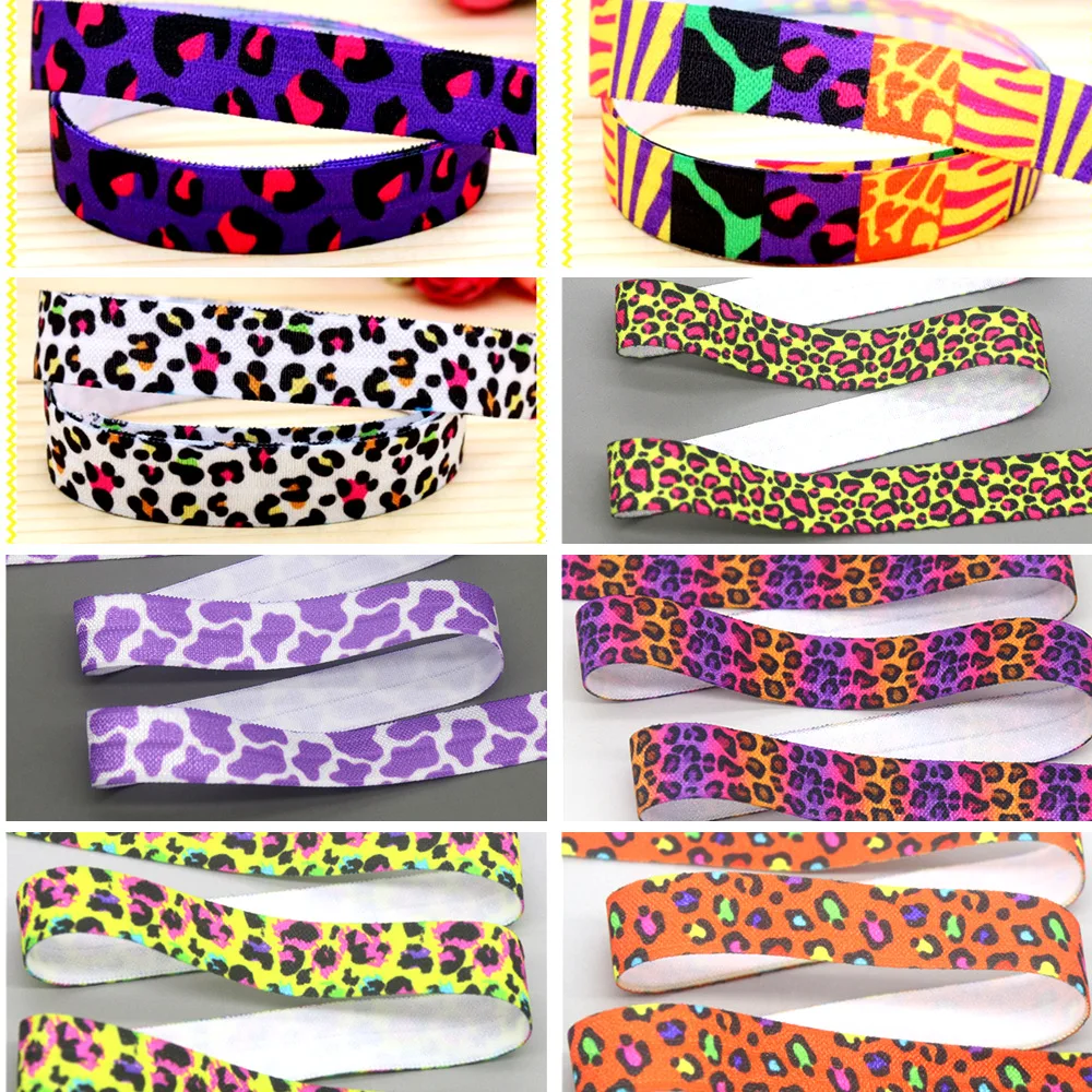 DHK 5/8'' 5yards Leopard Cow Pattern Printed Fold Elastic FOE Stretch Ribbon Decorations Craft DIY Sewing E2211
