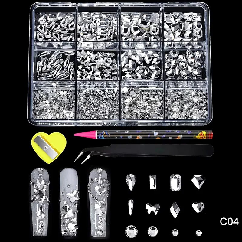 12 Grids White Clear different shaped Crystal Sleek Rhinestone 3D Manicure Nail Art Decoration Charms Jewelry sp0577 4