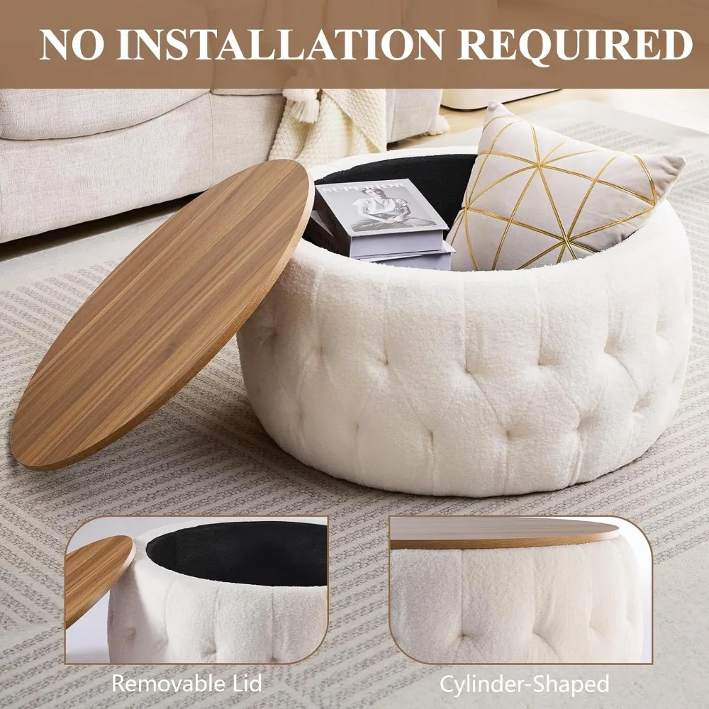 Round Storage Ottoman with Wooden Lid, Tufted Teddy Fabric Circle Ottoman Footrest Stool Bench Coffee Table for Living Room 3