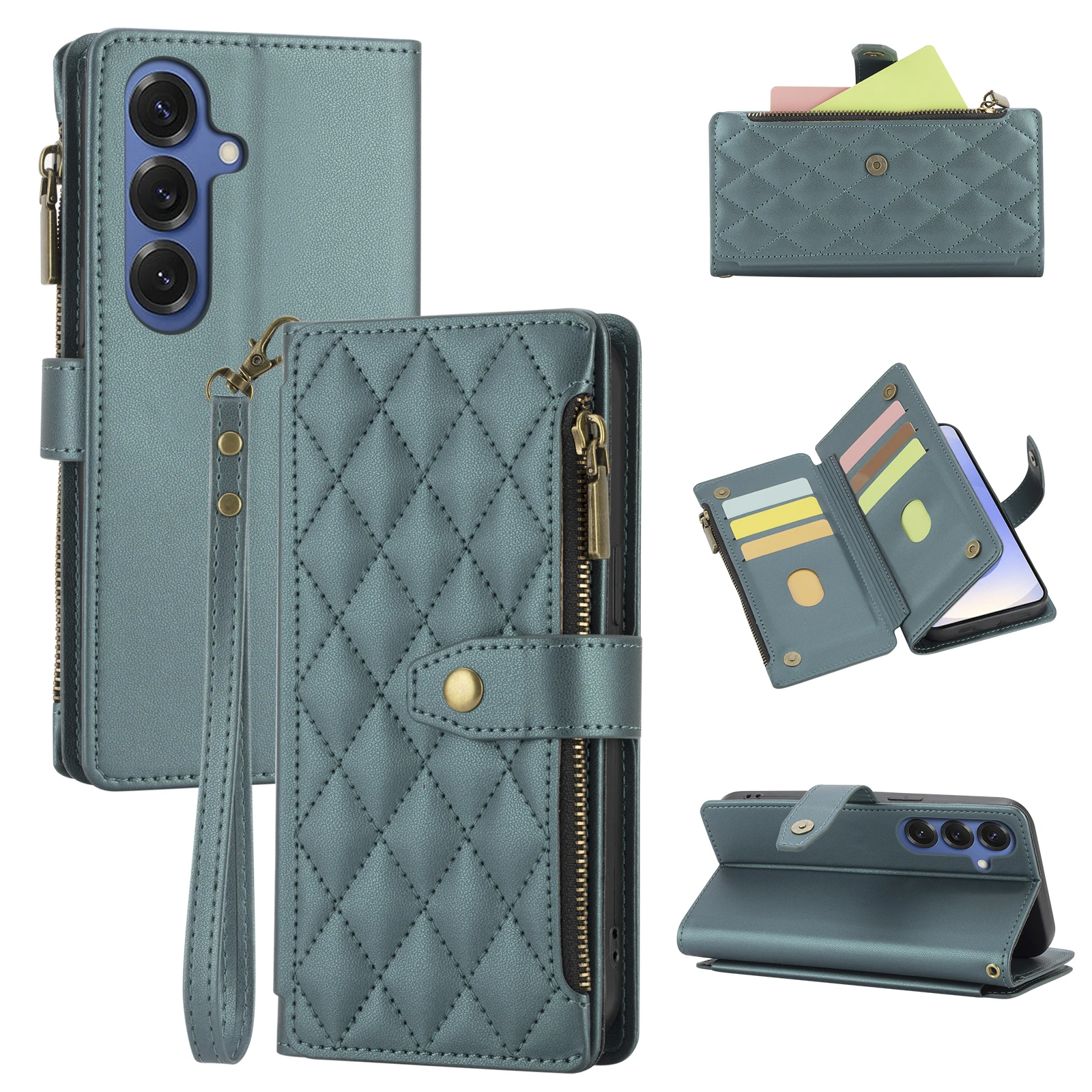 Deluxe Wallet-Style Phone Case with Card Slots, Zipper Coin Pocket, and Wrist Strap in Faux Leather
