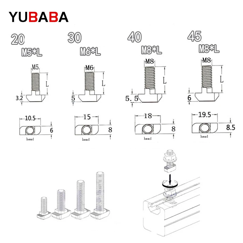 Tornillos de cabeza de martillo en T, Conector de aluminio, 20/30/40/45 perfiles de aluminio, M5, M6, M8