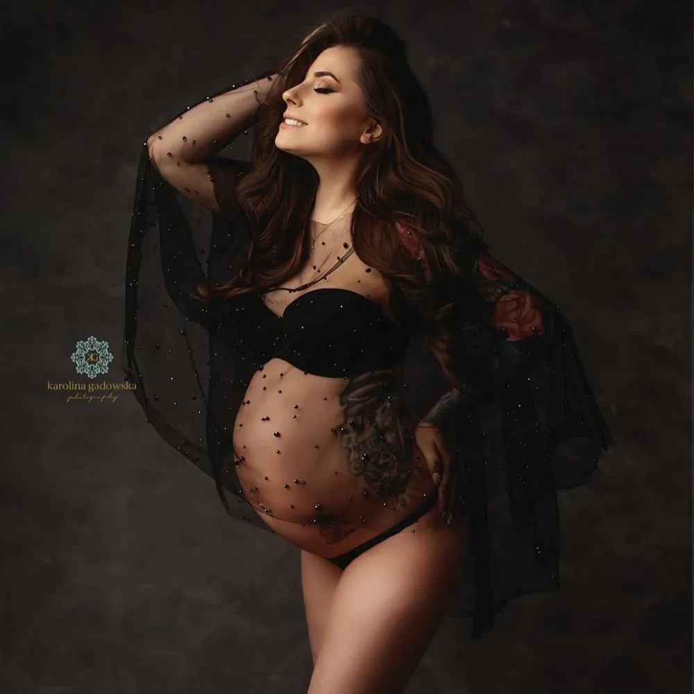 See Through Pearl Maternity Photography Cape Boat Neck Transparent Tulle Pearls Pregnancy Photo Shoot Short Cape 2