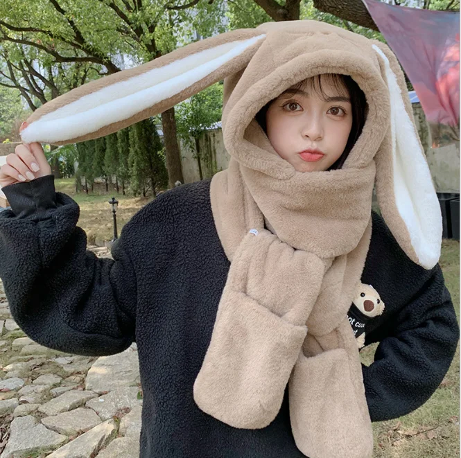 

Rabbit Big Ears Plush Cross Border Cycling Lovely Hat Female Cold Hat Autumn Winter Scarf Gloves One Girl Hat Student Khaki