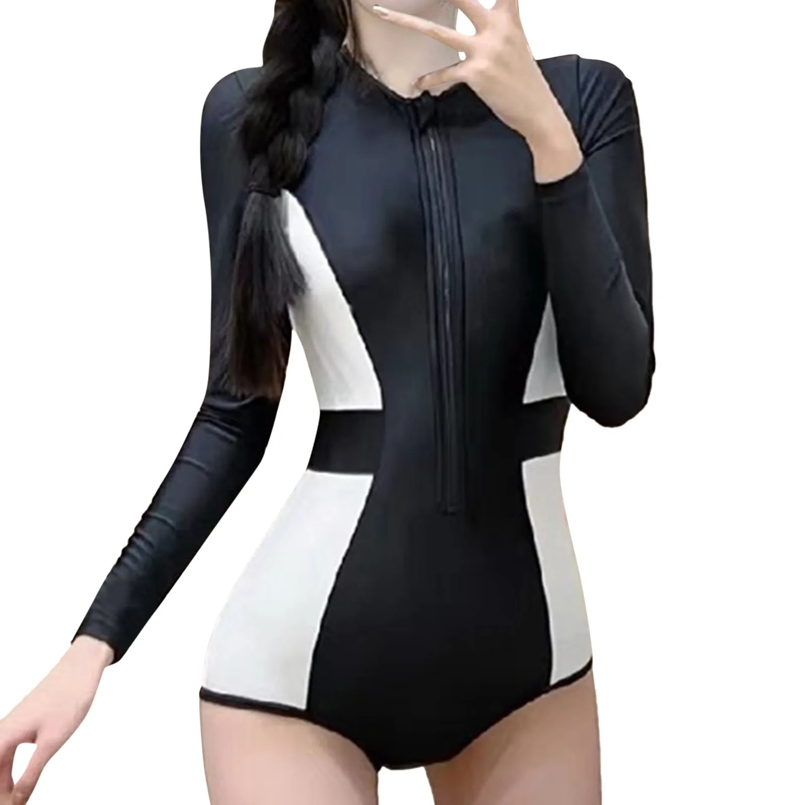 Women Fashionable Long Sleeve Zipper Style Swimsuit Slim Hot Spring Swimsuit