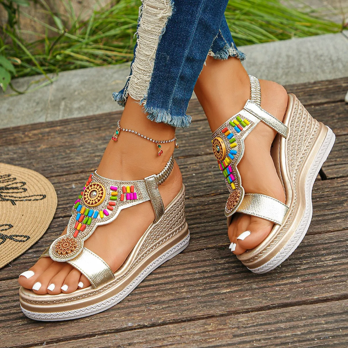 Bohemian Style Thick Bottom Wedges Sandals Women 2025 Summer Retro Chunky Platform Sandals Woman Plus Size 43 Beach Shoes Mujer