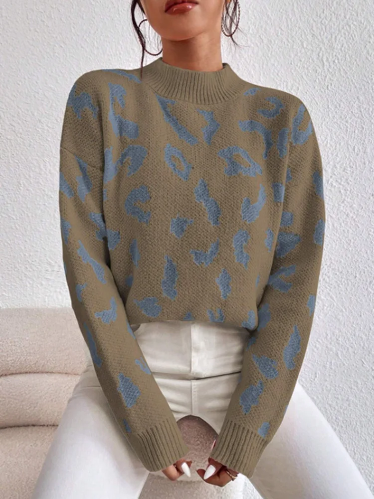 2025 Women Leopard Printed Sweaters Autumn Casual O-Neck Pullovers Thick Long Sleeve Loose Jumpers Casual Splice Warm Sweater