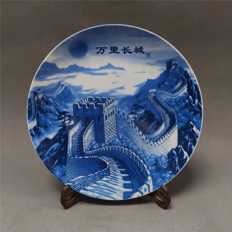 

Chinese Famous Attractions Great Wall Ceramic Plate Blue and White Decor Home Decoration Accessories Ceramic Handicraft Gift